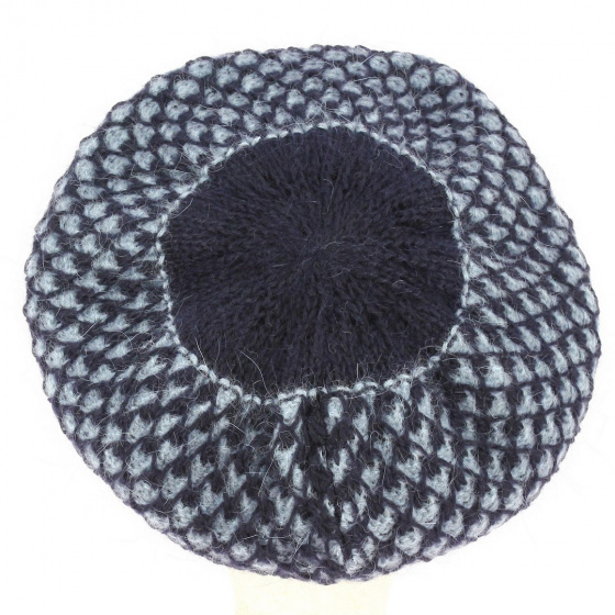 Béret - Bonnet Tricot Angora Losange Bi-couleur Marine et bleu ciel - Traclet