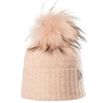 Betty Wool Pale Pink Fur Pompon Beanie - Kristo