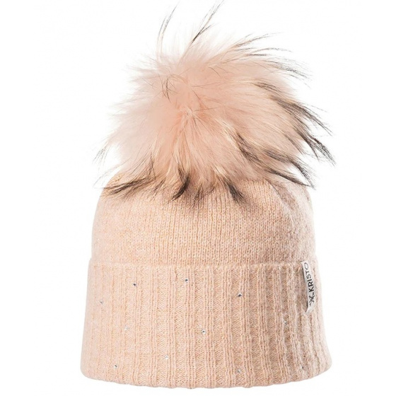 Betty Wool Pale Pink Fur Pompon Beanie - Kristo
