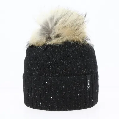 Bettina Fur Pompom Wool Beanie Black - Kristo
