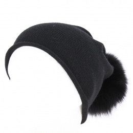 Rasta hat with pompom, real fur, black - Traclet