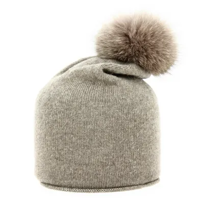 Rasta hat with pompom Taupe fox fur - Traclet