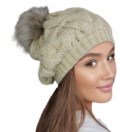 Zita Beige Pom-Pom Beanie for Women - Traclet