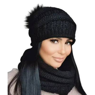 Ensemble Bonnet Pompon & snood Liana Noir - TRACLET Reference : 17492| Chapellerie Traclet