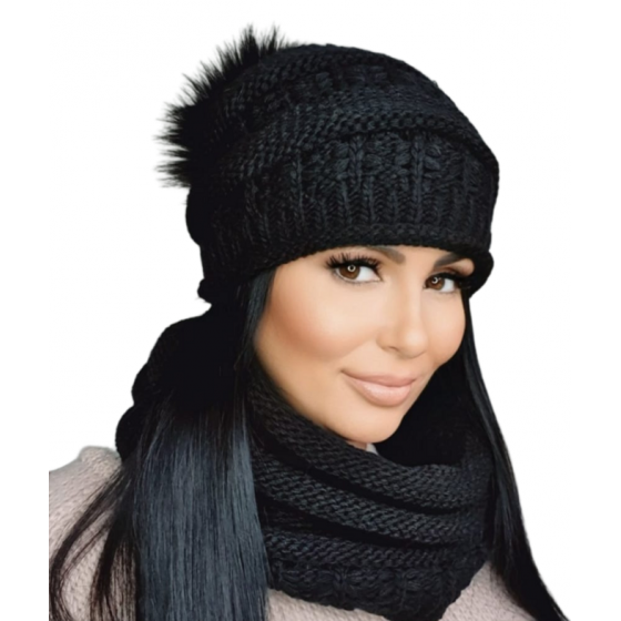 Pom Pom Beanie & Liana Snood Set Black - TRACLET