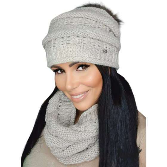 Liana Beige Bonnet Pompon & Snood Set - TRACLE