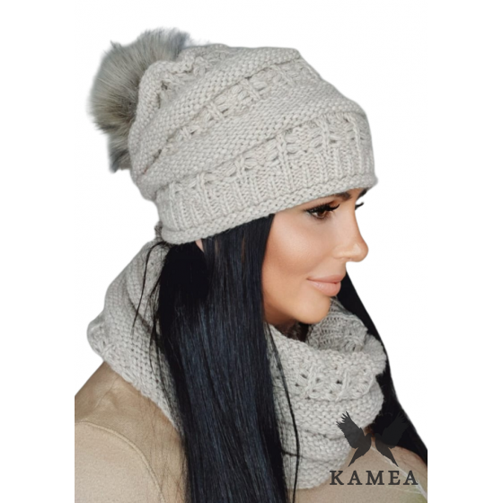 Pom-Pom Beanie & Snood Set Liana Taupe - TRACLET
