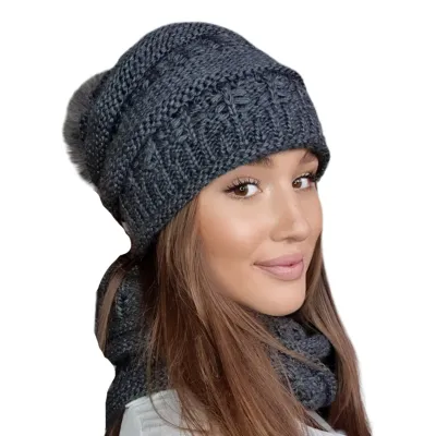 Ensemble Bonnet Pompon & snood Liana Gris - TRACLET