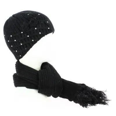 Ensemble Bonnet Strass Echarpe Frange Laine noir- Traclet