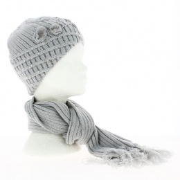 Ensemble Bonnet Strass Echarpe Frange Laine gris - Traclet