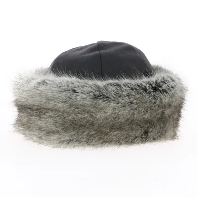 Toque Marmotte imitation cuir noir & fausse fourrure grise - Traclet