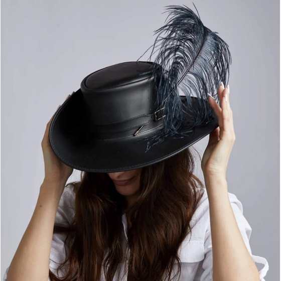 Wide Brim Leather Cavalier Hat Black - Head'nHome