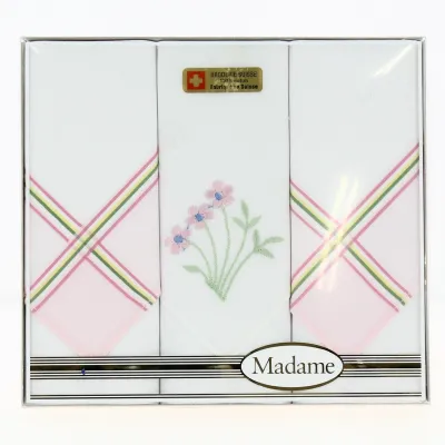 3 Mouchoirs Coton Broderie fleurs rose - Traclet