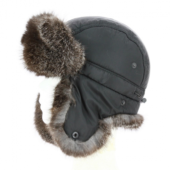 Black Polyester Rabbit Fur Ushanka Hat - Traclet