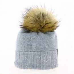 Bettina Wool Grey Blue Fur Pompon Hat - Kristo