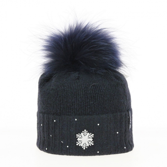 Betty Wool Fur Pompom Beanie Navy Blue - Kristo
