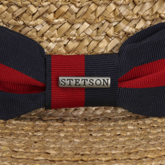 Canotier Paille Naturelle Ruban Rouge & Bleu Marine - Stetson