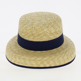 Blue ribbon straw cloche boater hat - Traclet