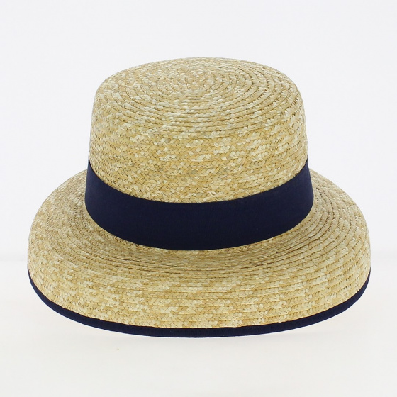 Chapeau canotier-cloche paille ruban bleu - Traclet
