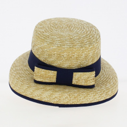 Blue ribbon straw cloche boater hat - Traclet