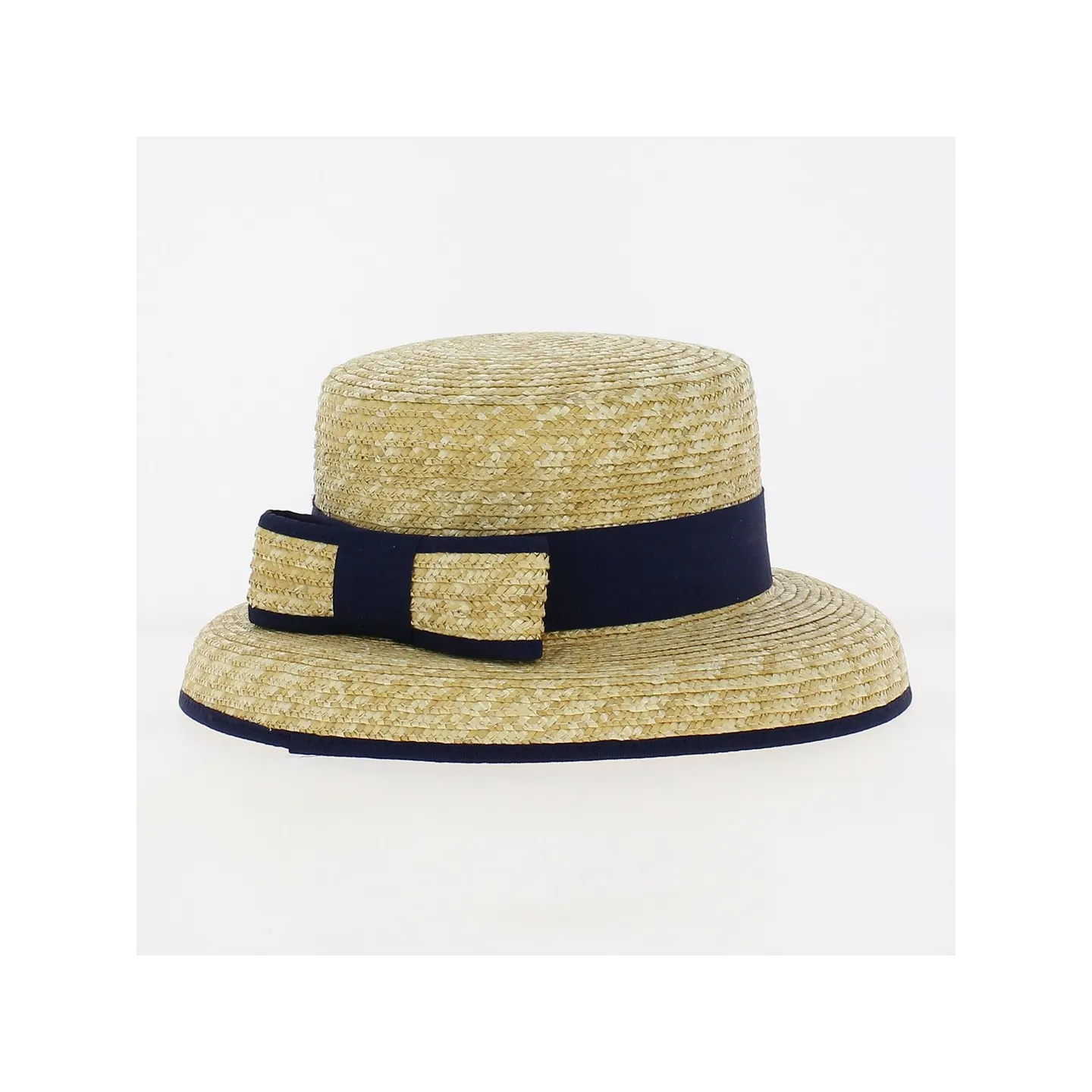 Blue ribbon straw cloche boater hat - Traclet