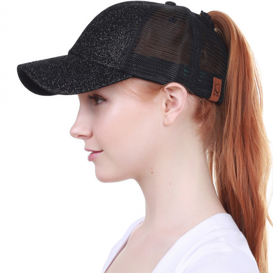 Women's Black Glitter Baseball Cap with Ponytail - Traclet